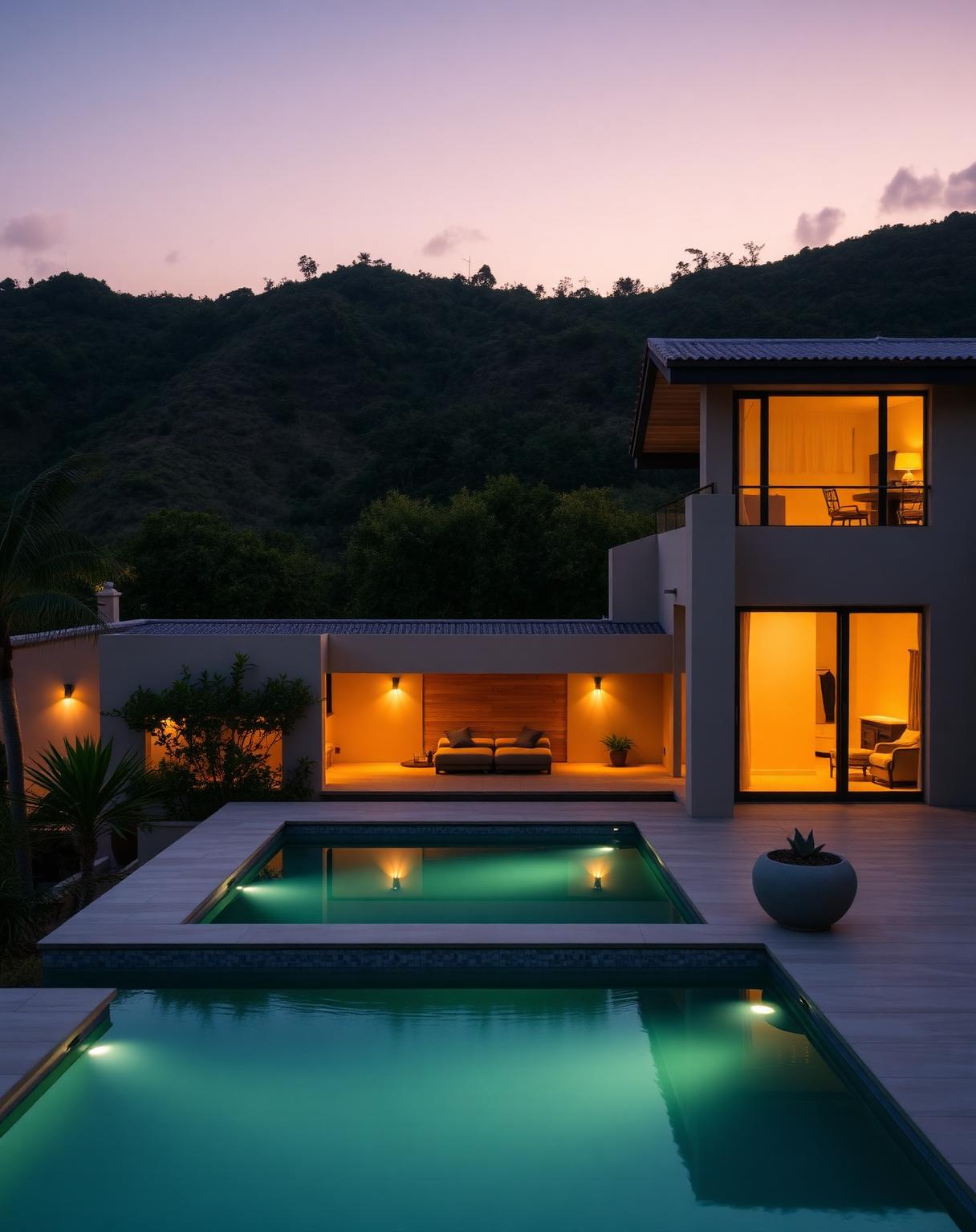 A sustainable architectural villa in the Barbados hills at dusk
