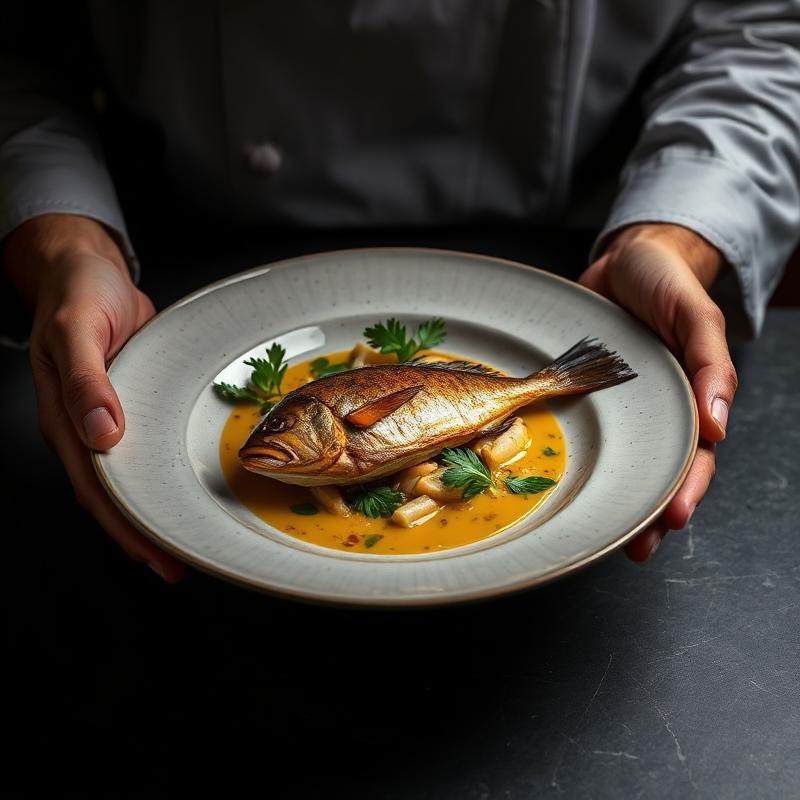 Chef plating modern flying fish