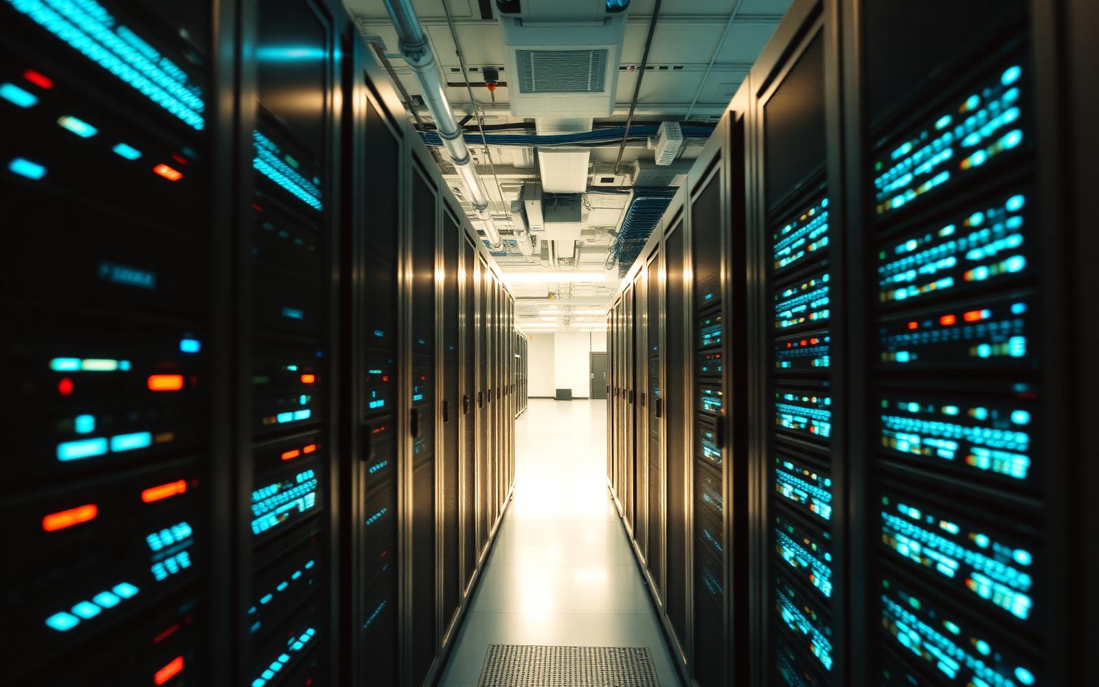 A softly lit enterprise data centre corridor lined with server racks